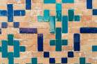 Bukhara, Uzbekistan, Central Asia. Decorative tiles on a brick wall at the Kalan Mosque in Bukhara. Vintage Print
